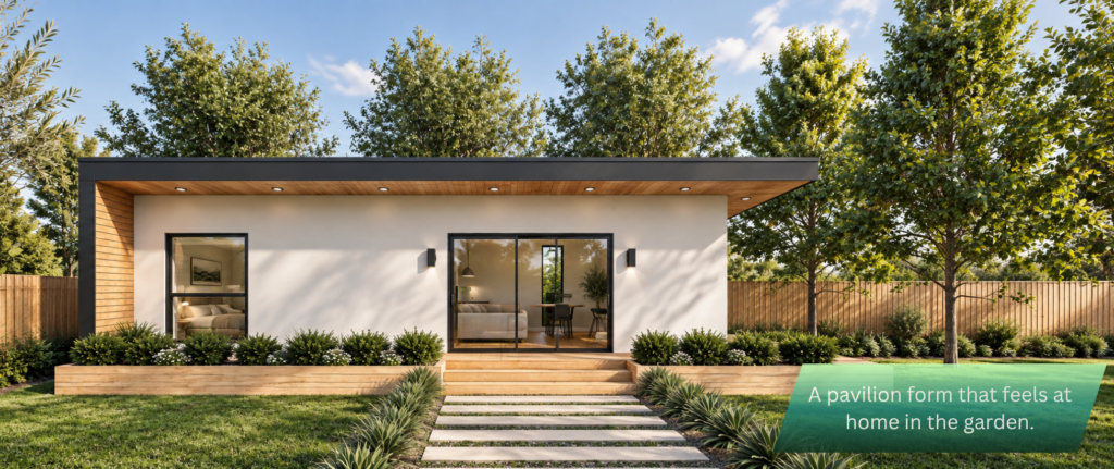 a pavilion form that feels at home in the garden.
