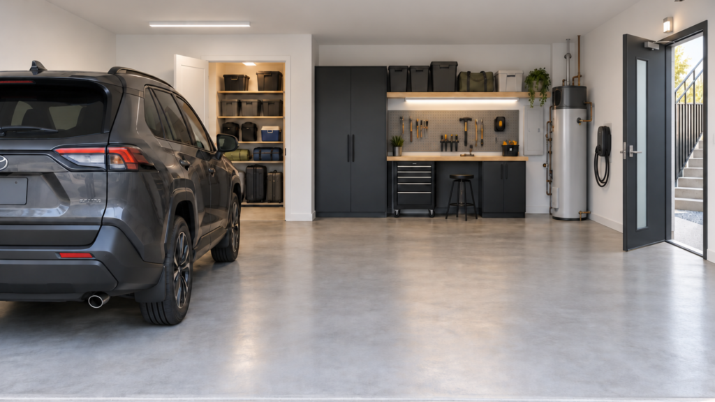 secure parking below, with storage, workshop space and a separate exit.